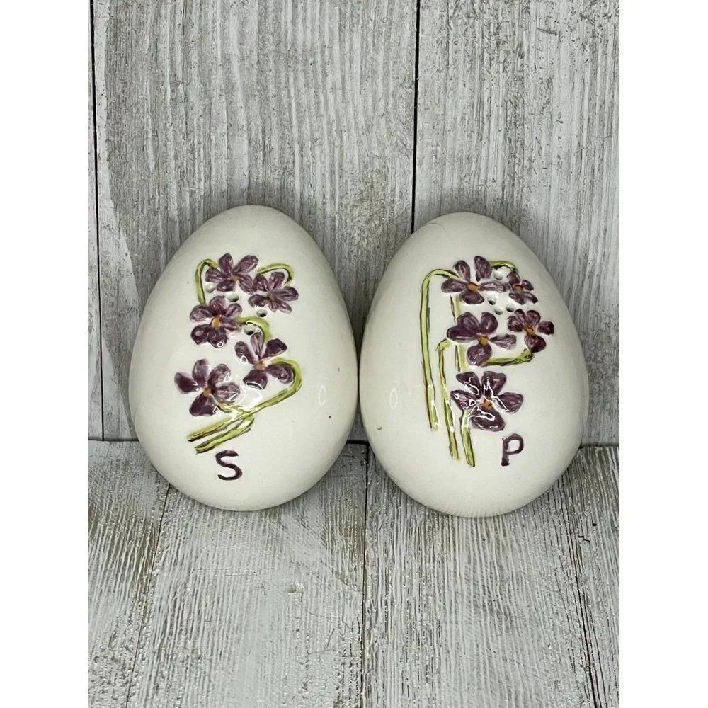Vintage Ceramic Egg Shaped Salt & Pepper Shakers Lilacs Violets